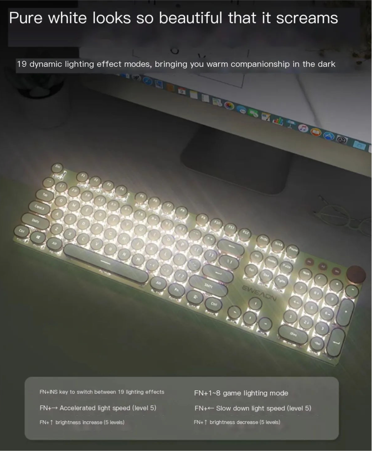 Retro-Style Typewriter Mechanical Gaming Keyboard with White Backlight